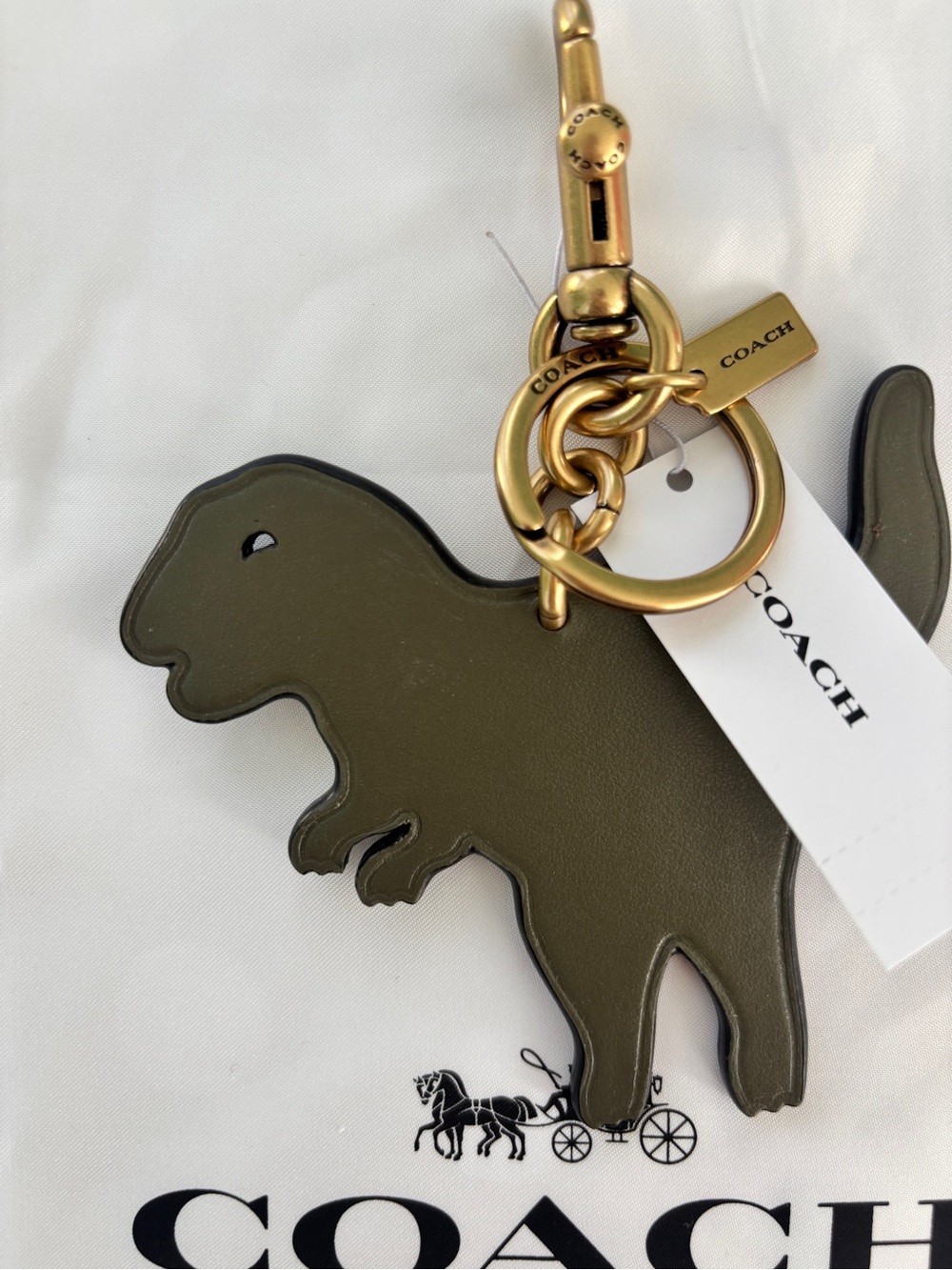 NWT Coach Rexy Dino Leather Bag Charm. Brass/Dark Green